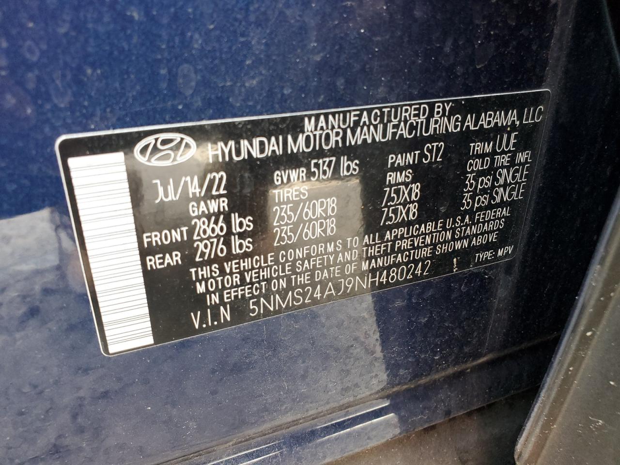 2022 Hyundai Santa Fe Sel VIN: 5NMS24AJ9NH480242 Lot: 63815404