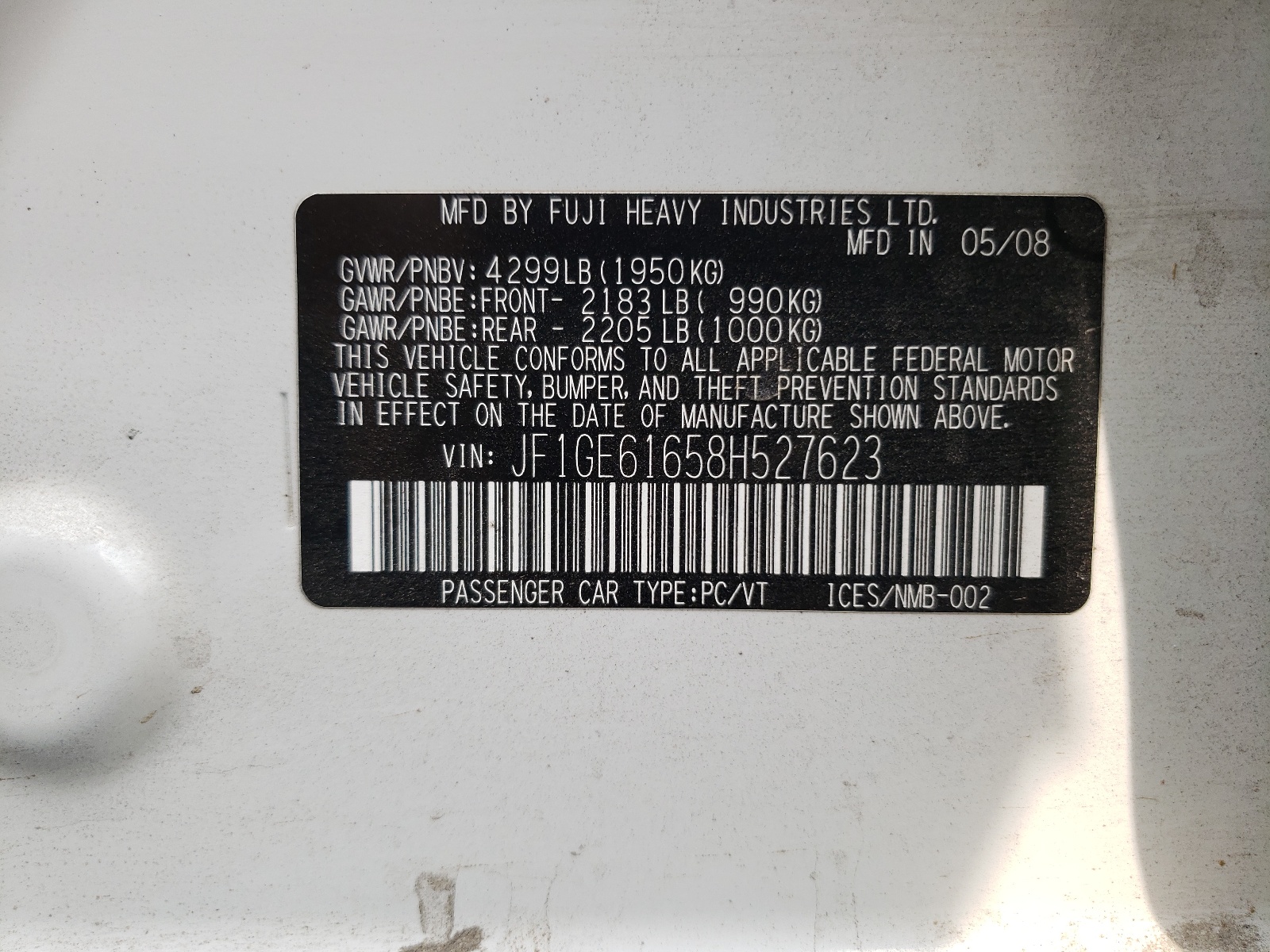 JF1GE61658H527623 2008 Subaru Impreza 2.5I