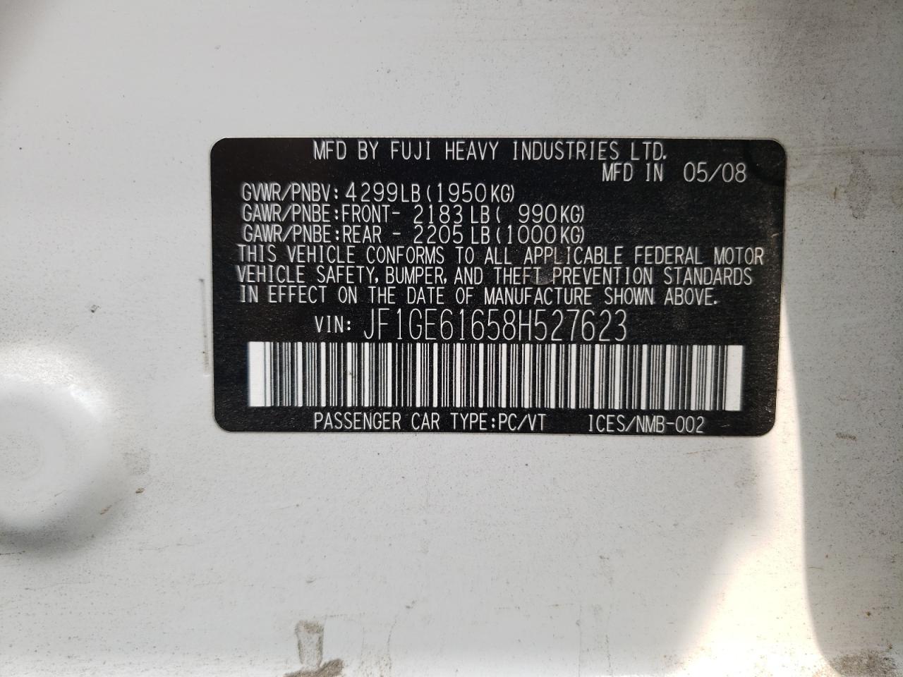 2008 Subaru Impreza 2.5I VIN: JF1GE61658H527623 Lot: 64662144