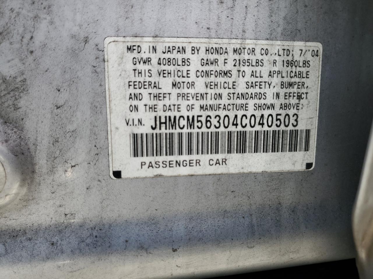 2004 Honda Accord Lx VIN: JHMCM56304C040503 Lot: 63436874