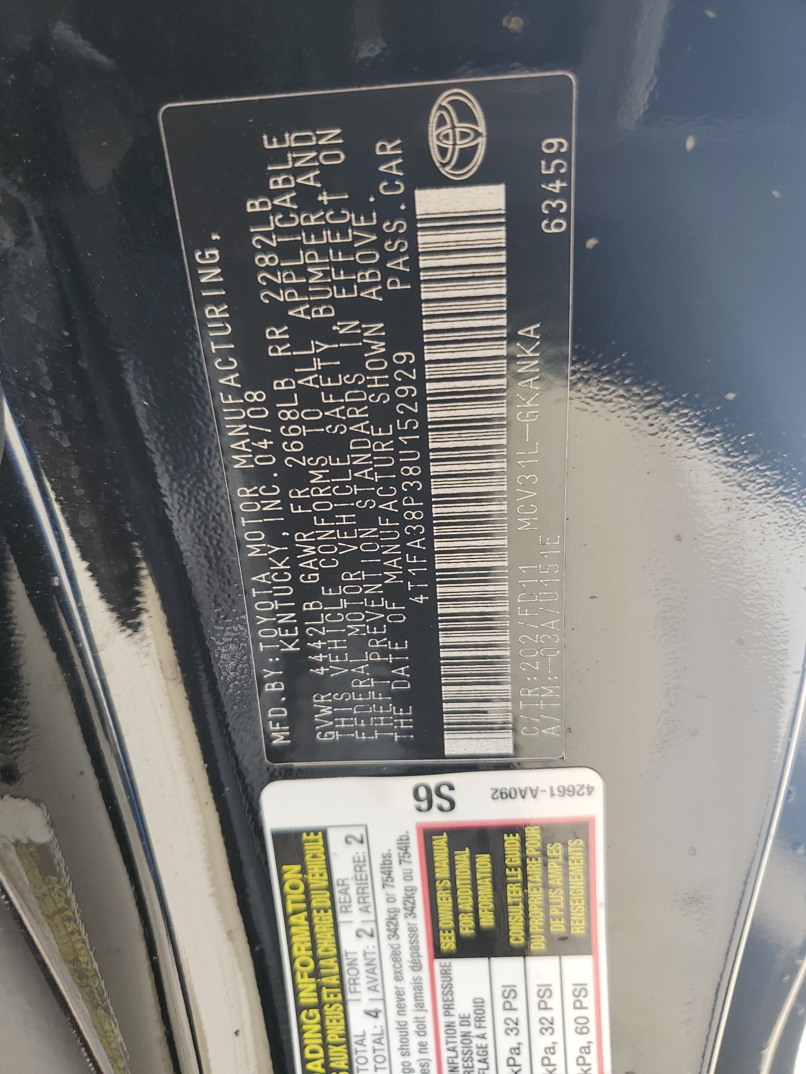 4T1FA38P38U152929 2008 Toyota Camry Solara Se