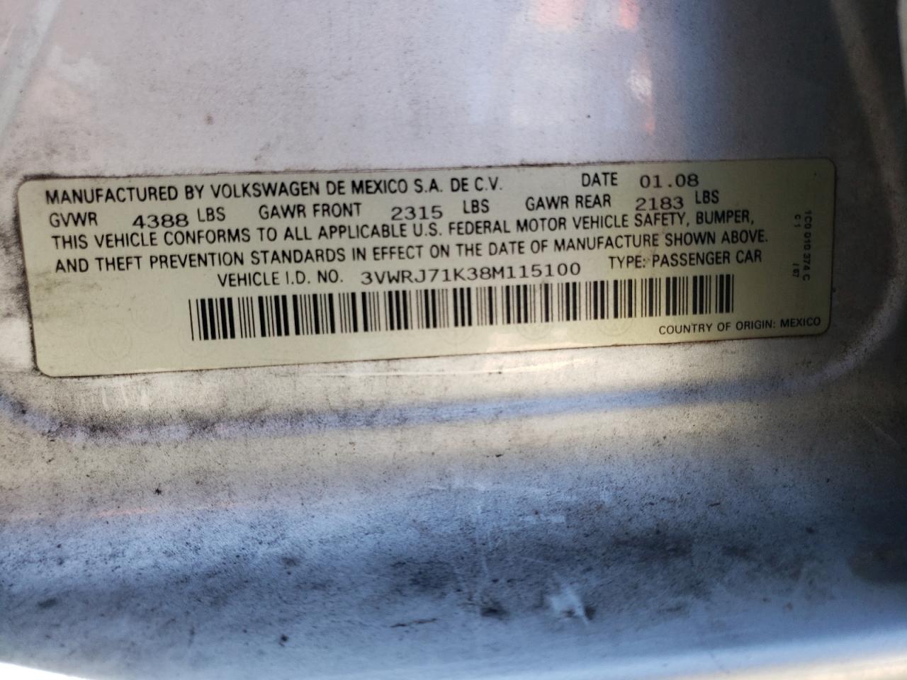 2008 Volkswagen Jetta Wolfsburg VIN: 3VWRJ71K38M115100 Lot: 64612014
