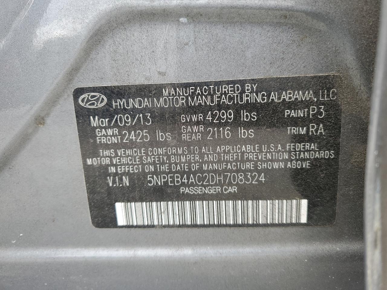 2013 Hyundai Sonata Gls VIN: 5NPEB4AC2DH708324 Lot: 65171564