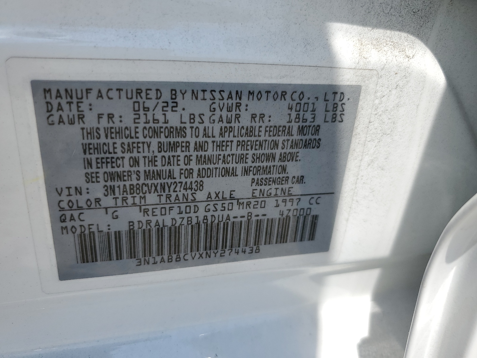 3N1AB8CVXNY274438 2022 Nissan Sentra Sv