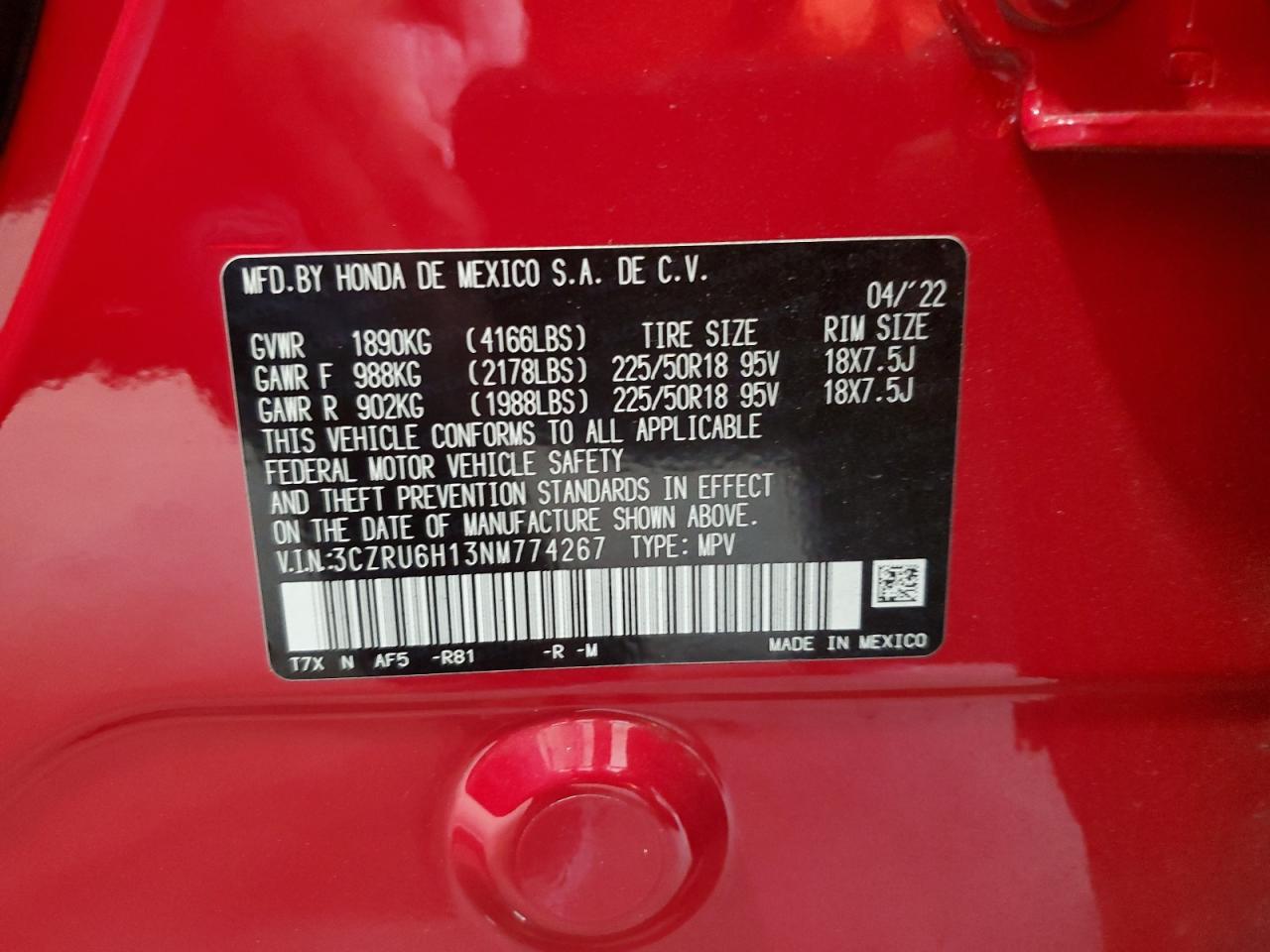 2022 Honda Hr-V Sport VIN: 3CZRU6H13NM774267 Lot: 63828714