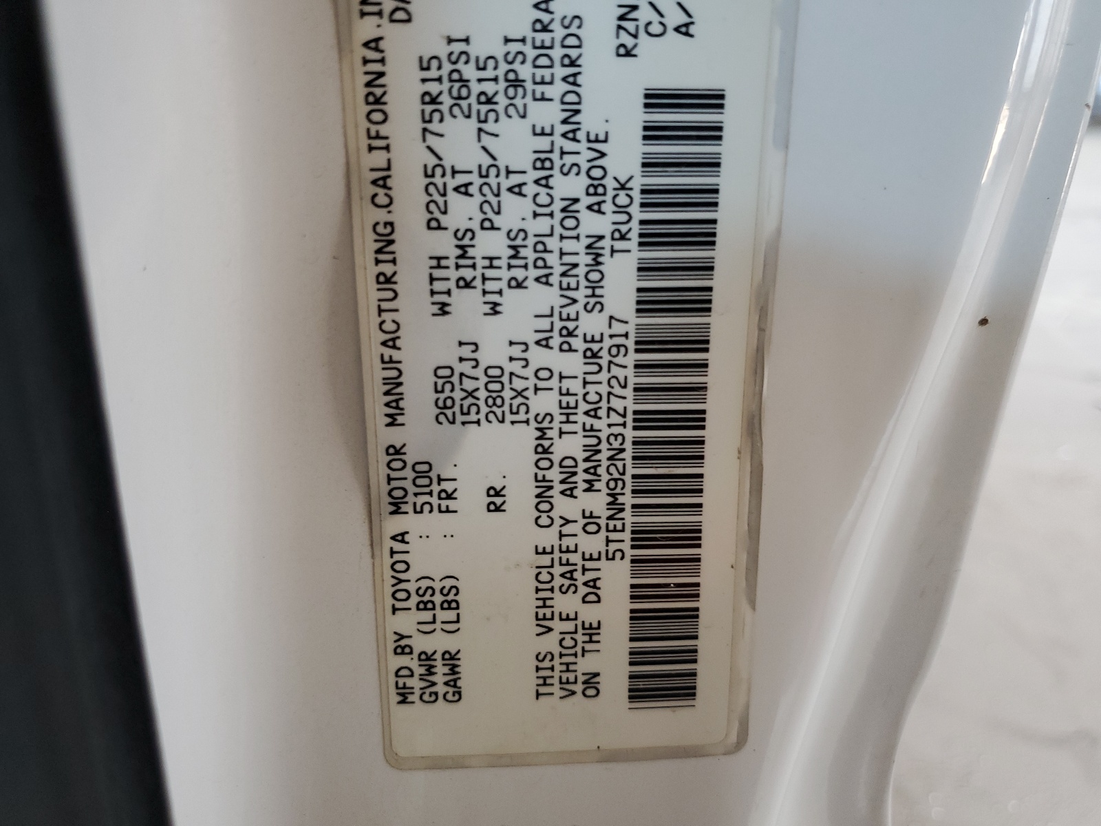 5TENM92N31Z727917 2001 Toyota Tacoma Prerunner