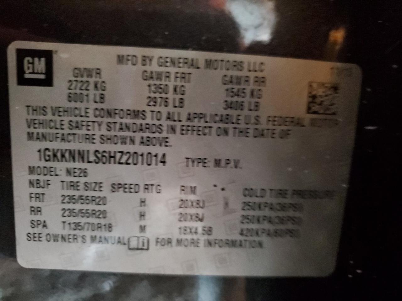 2017 GMC Acadia Slt-2 VIN: 1GKKNNLS6HZ201014 Lot: 62272784