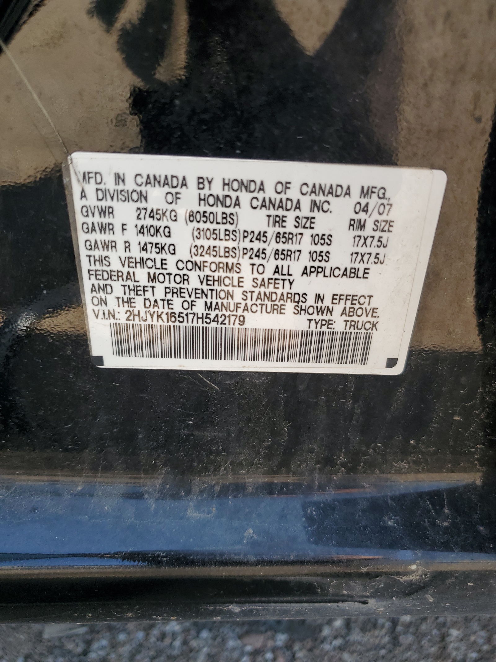 2HJYK16517H542179 2007 Honda Ridgeline Rtl