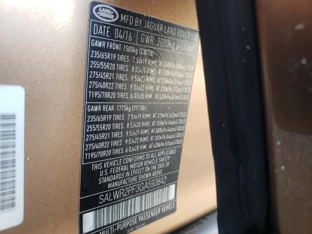 2016 Land Rover Range Rover Sport Hse VIN: SALWR2PF3GA593842 Lot: 64202274