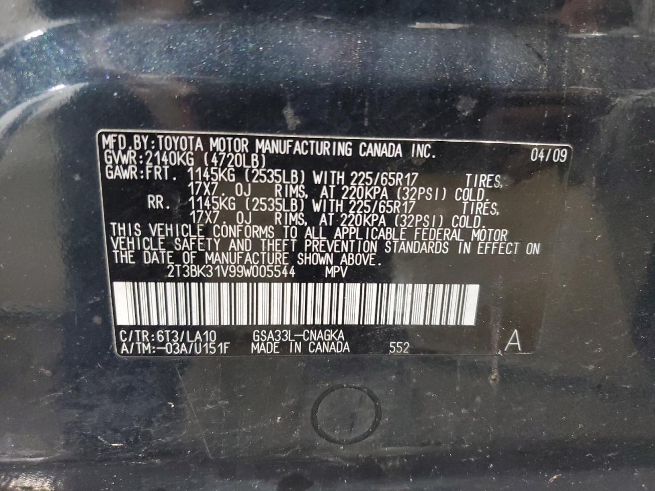 2009 Toyota Rav4 Limited VIN: 2T3BK31V99W005544 Lot: 62732664