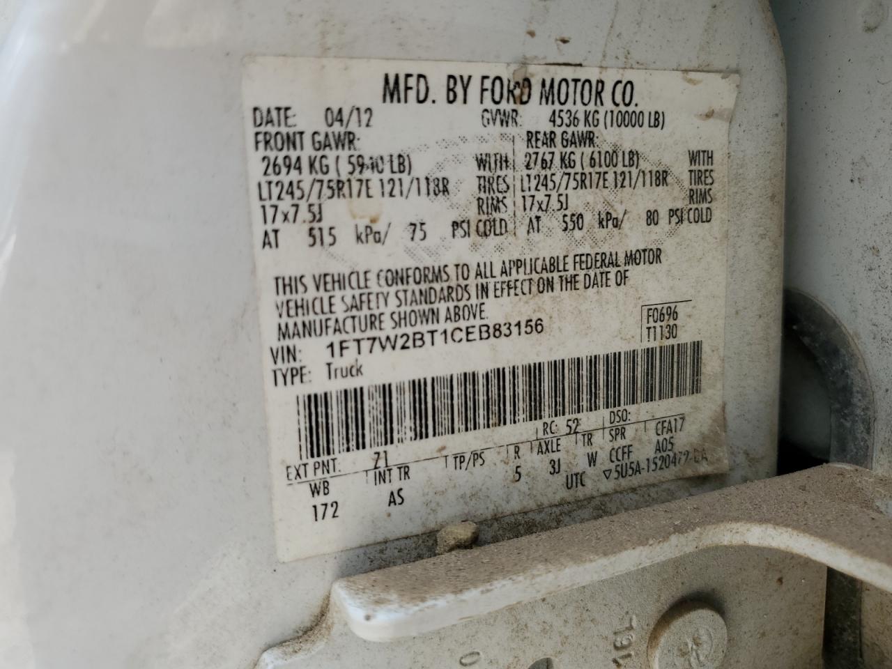 1FT7W2BT1CEB83156 2012 Ford F250 Super Duty