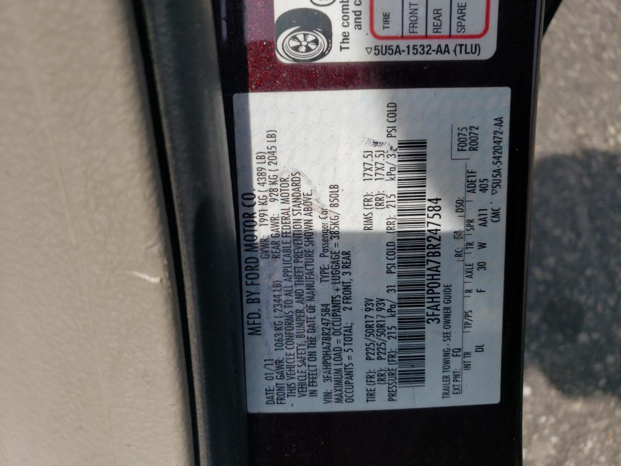 2011 Ford Fusion Se VIN: 3FAHP0HA7BR247584 Lot: 63589314