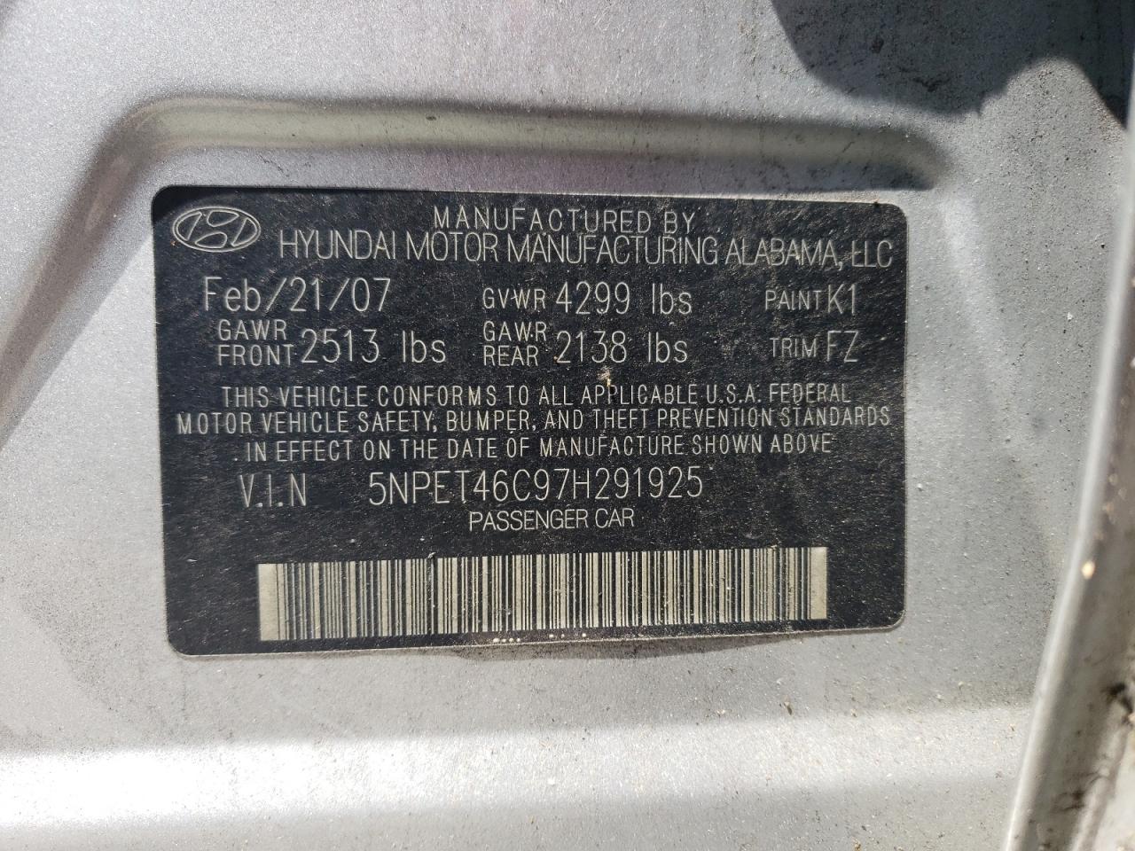 2007 Hyundai Sonata Gls VIN: 5NPET46C97H291925 Lot: 61207834