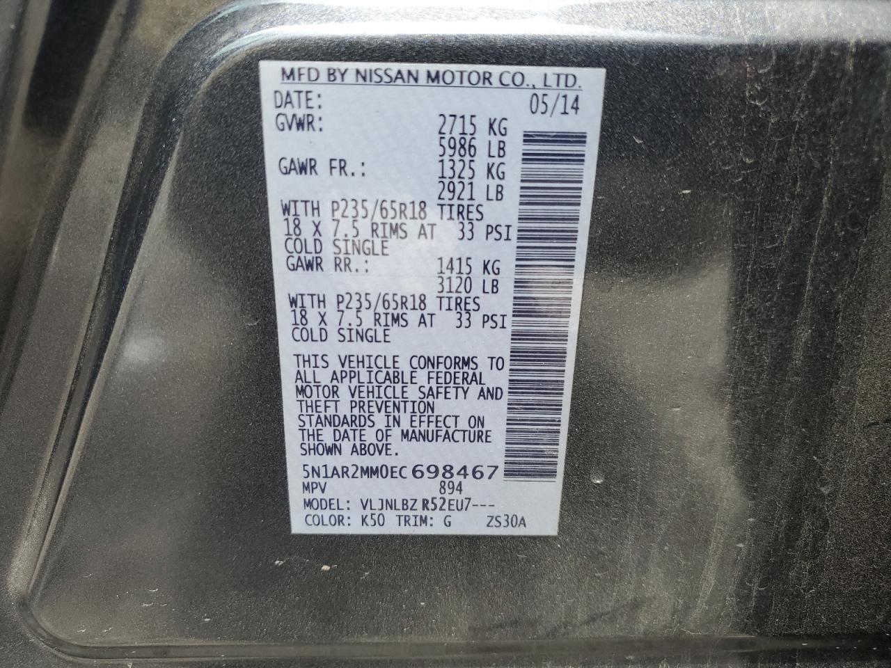 5N1AR2MM0EC698467 2014 Nissan Pathfinder S