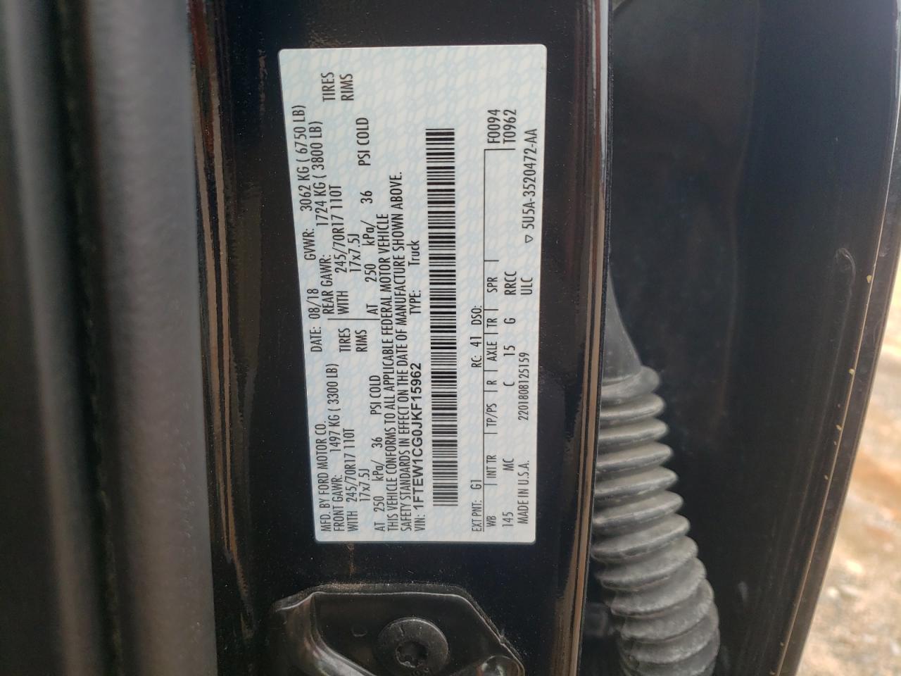 2018 Ford F150 Supercrew VIN: 1FTEW1CG0JKF15962 Lot: 64509834