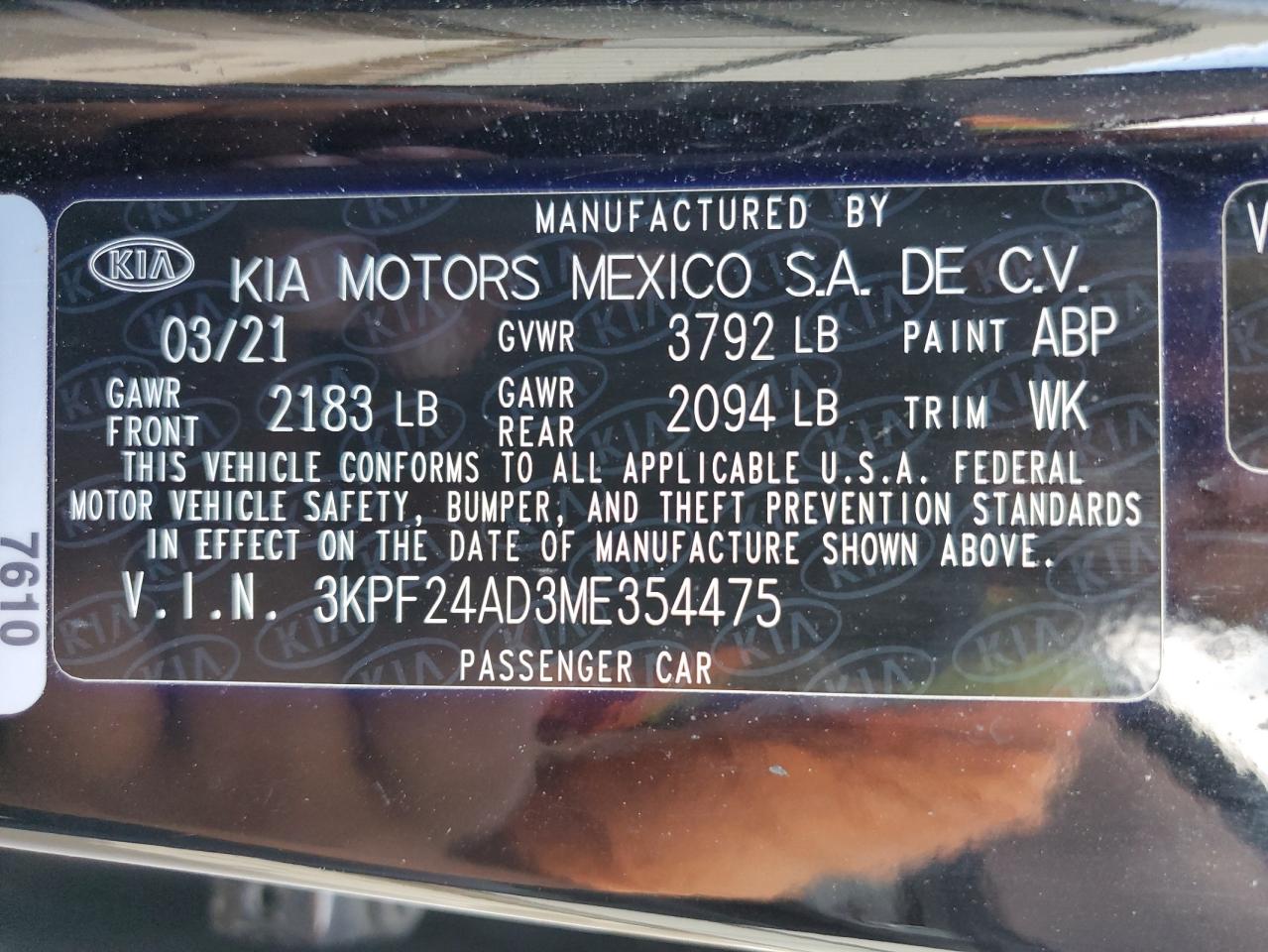 2021 Kia Forte Fe VIN: 3KPF24AD3ME354475 Lot: 63907174