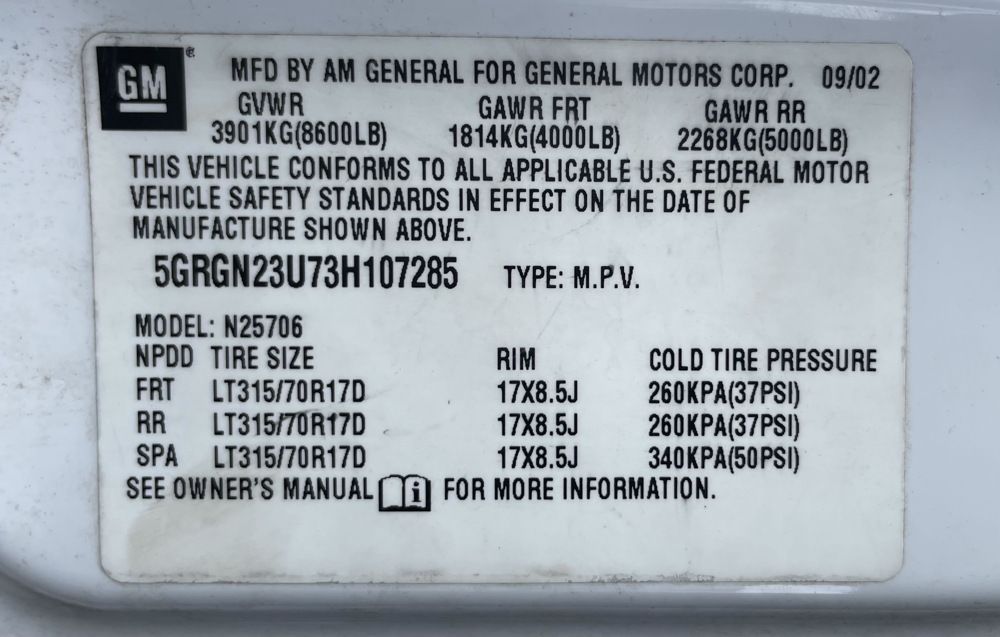 5GRGN23U73H107285 2003 Hummer H2