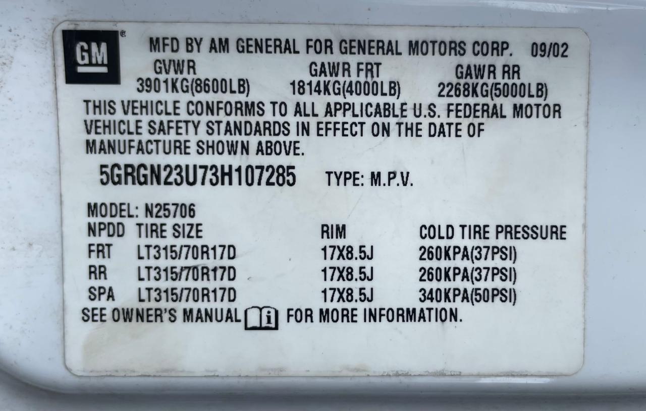 2003 Hummer H2 VIN: 5GRGN23U73H107285 Lot: 65498694