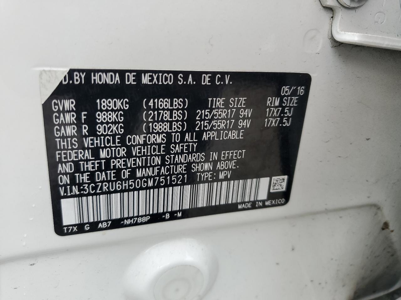 3CZRU6H50GM751521 2016 Honda Hr-V Ex