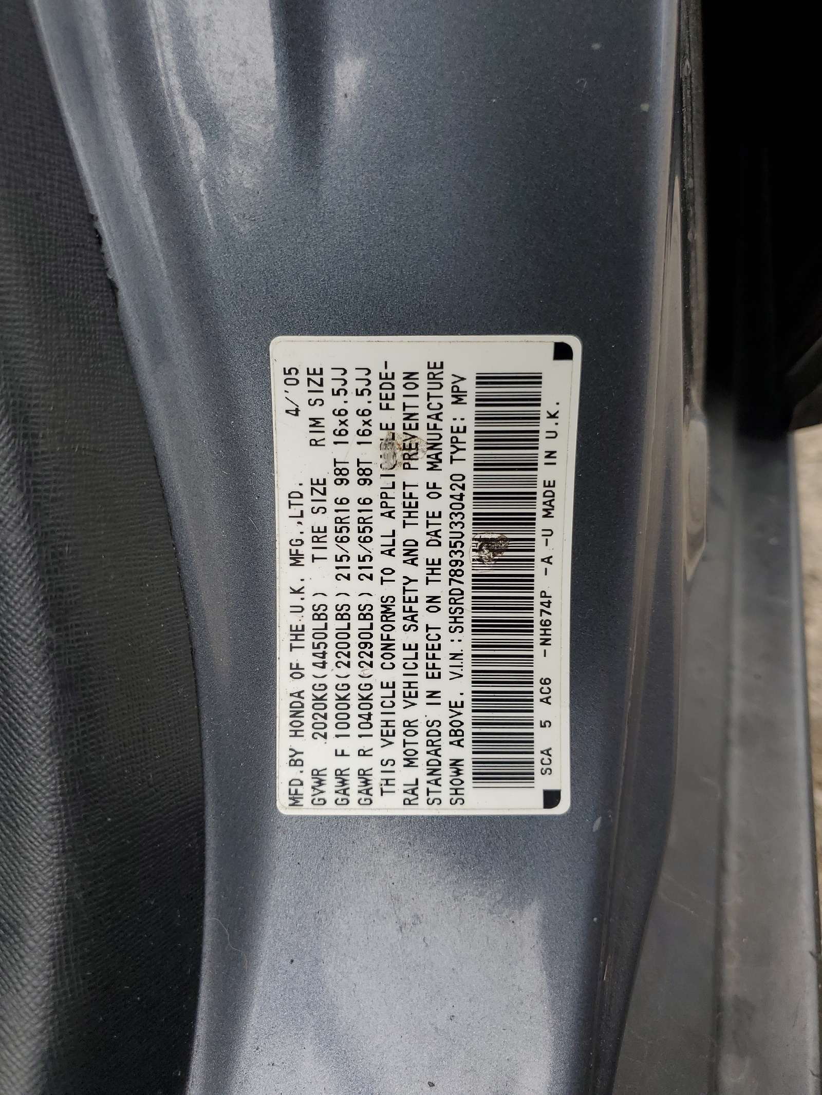 SHSRD78935U330420 2005 Honda Cr-V Se