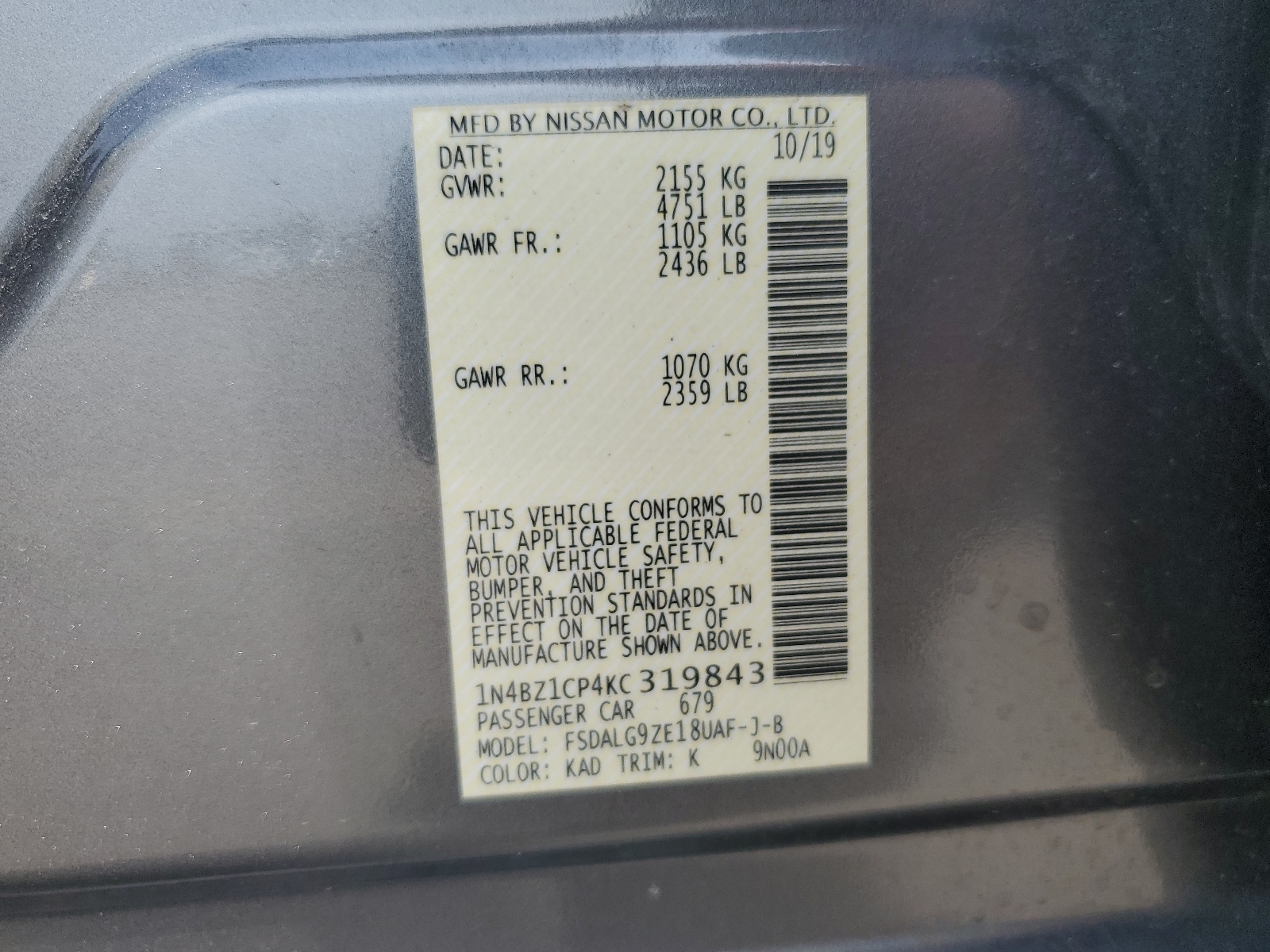 1N4BZ1CP4KC319843 2019 Nissan Leaf S Plus