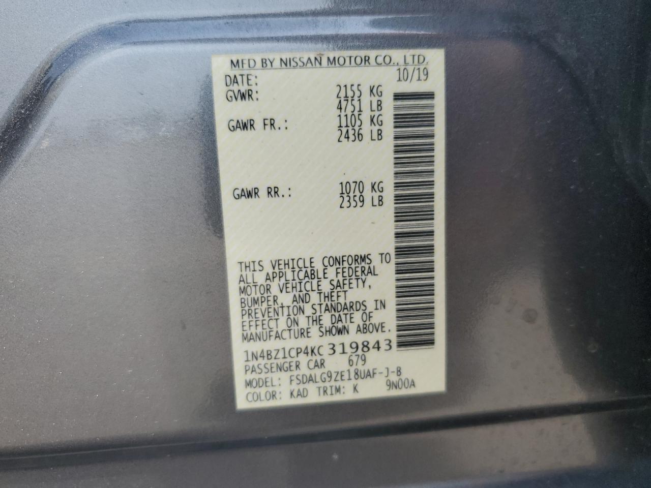 2019 Nissan Leaf S Plus VIN: 1N4BZ1CP4KC319843 Lot: 62113964