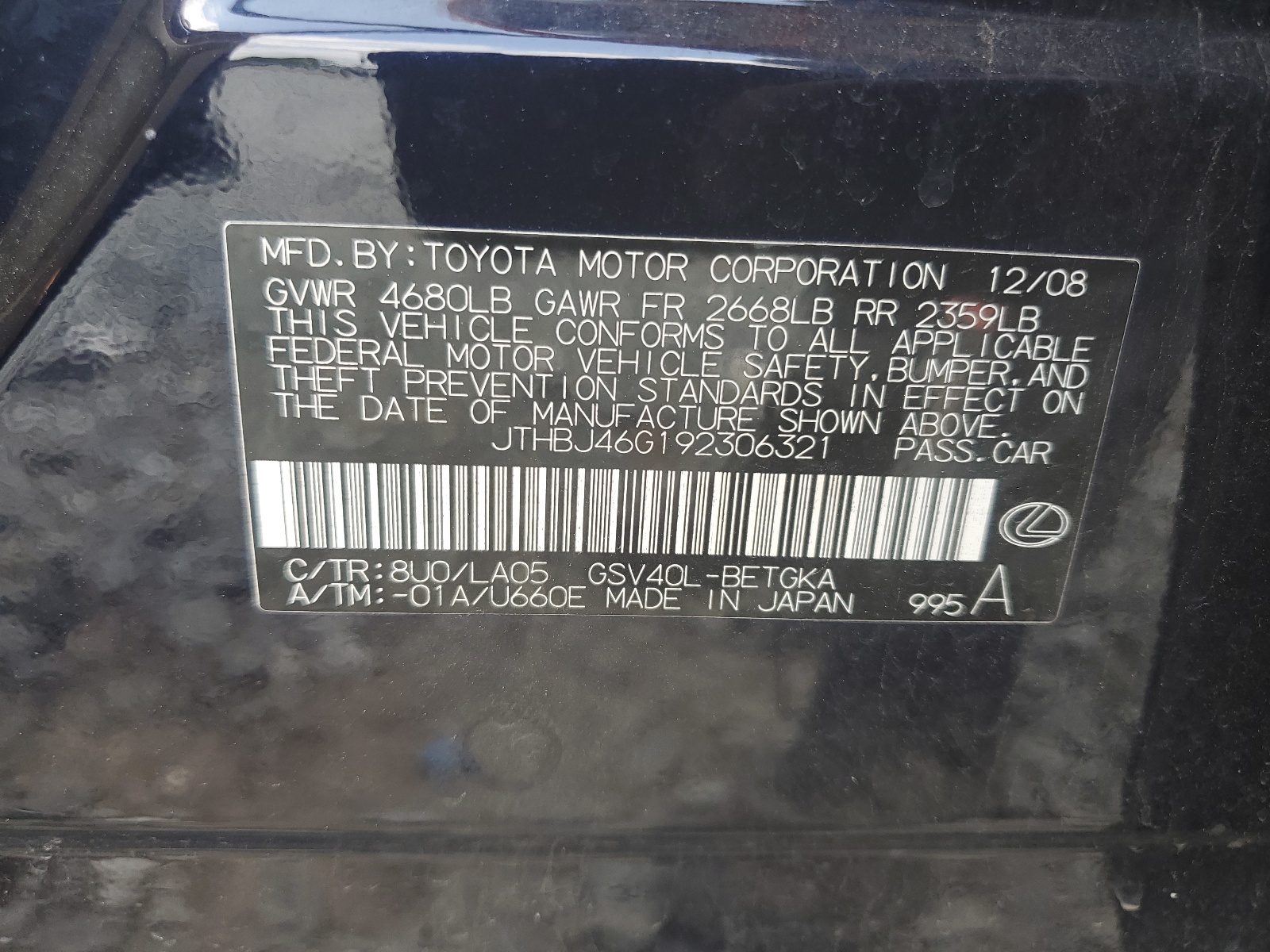 JTHBJ46G192306321 2009 Lexus Es 350