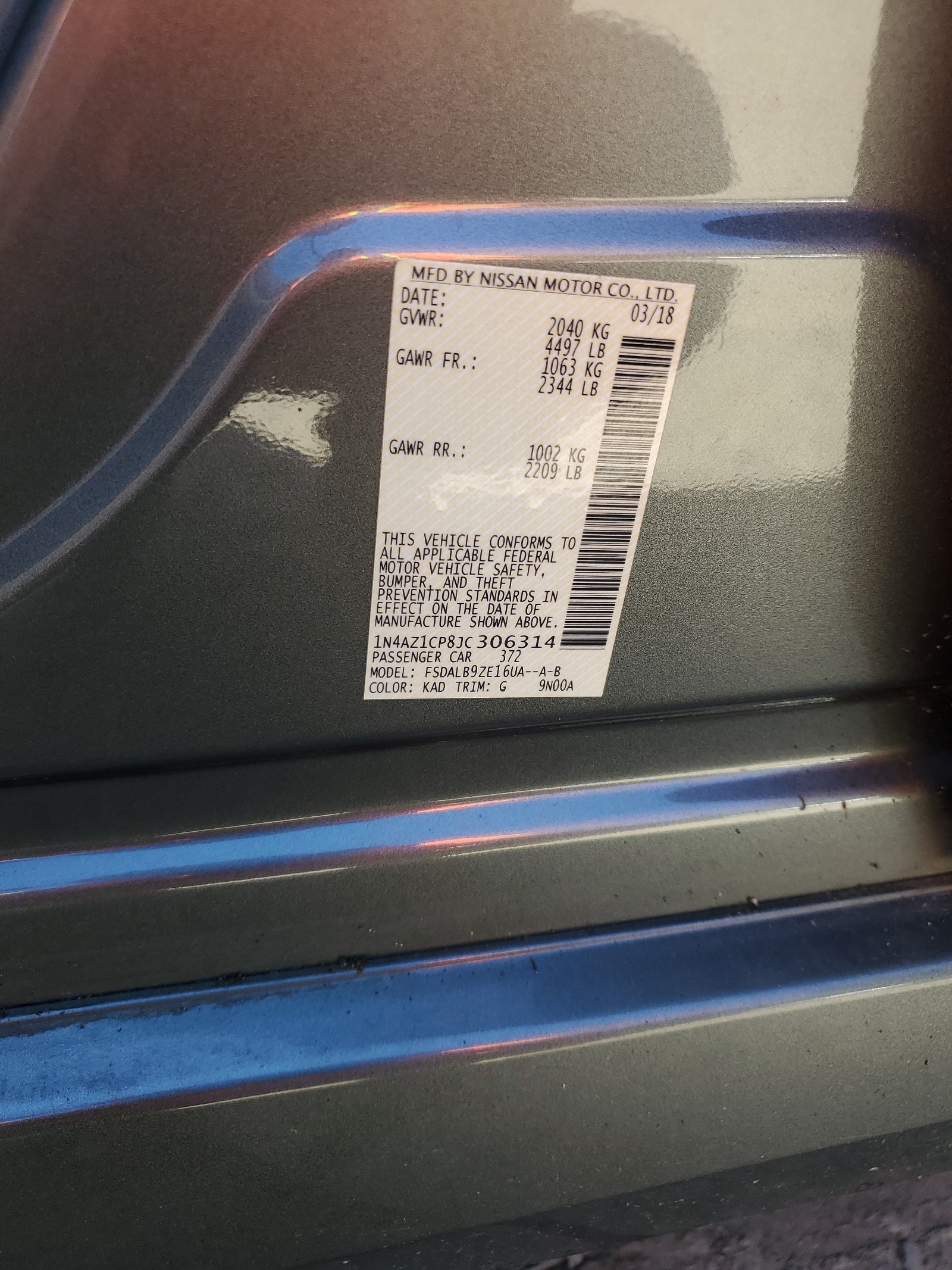 1N4AZ1CP8JC306314 2018 Nissan Leaf S