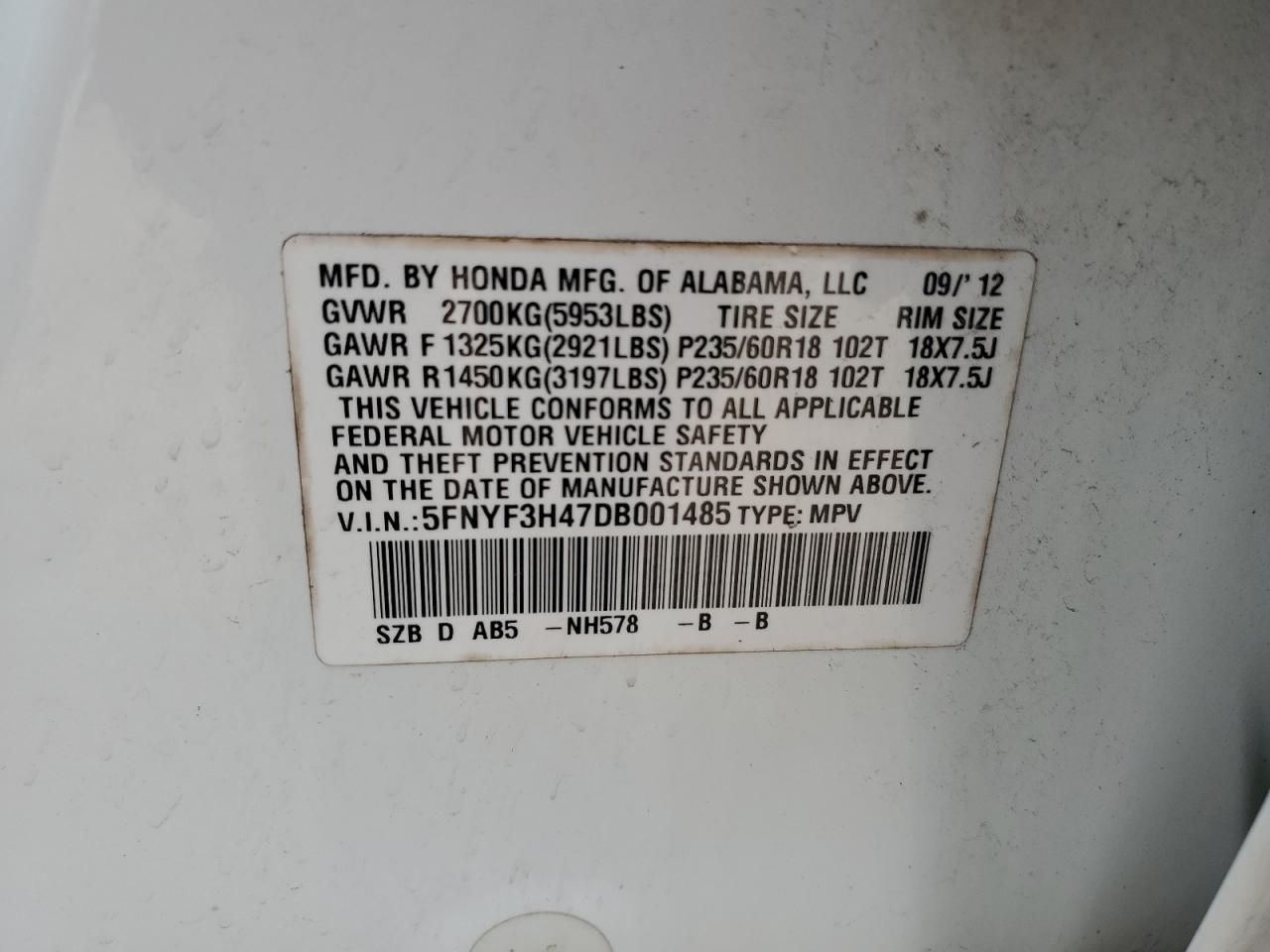 2013 Honda Pilot Ex VIN: 5FNYF3H47DB001485 Lot: 63810814