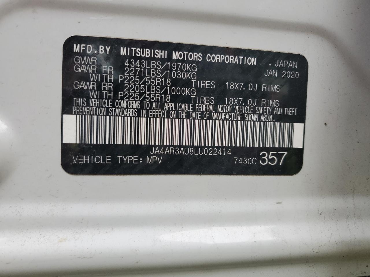 2020 Mitsubishi Outlander Sport Es VIN: JA4AR3AU8LU022414 Lot: 62490874