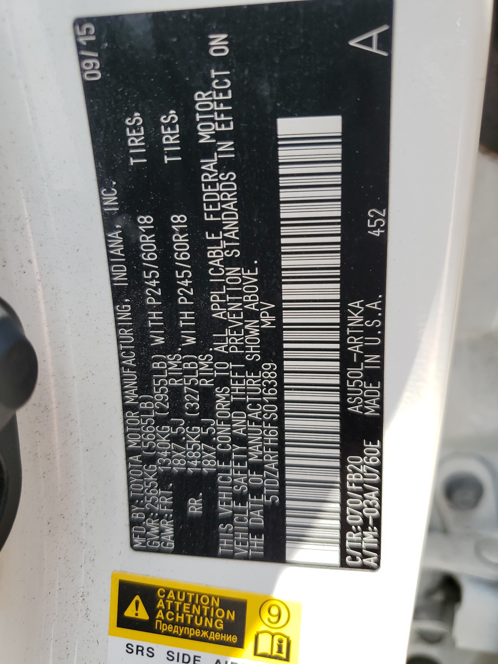 5TDZARFH6FS016389 2015 Toyota Highlander Le