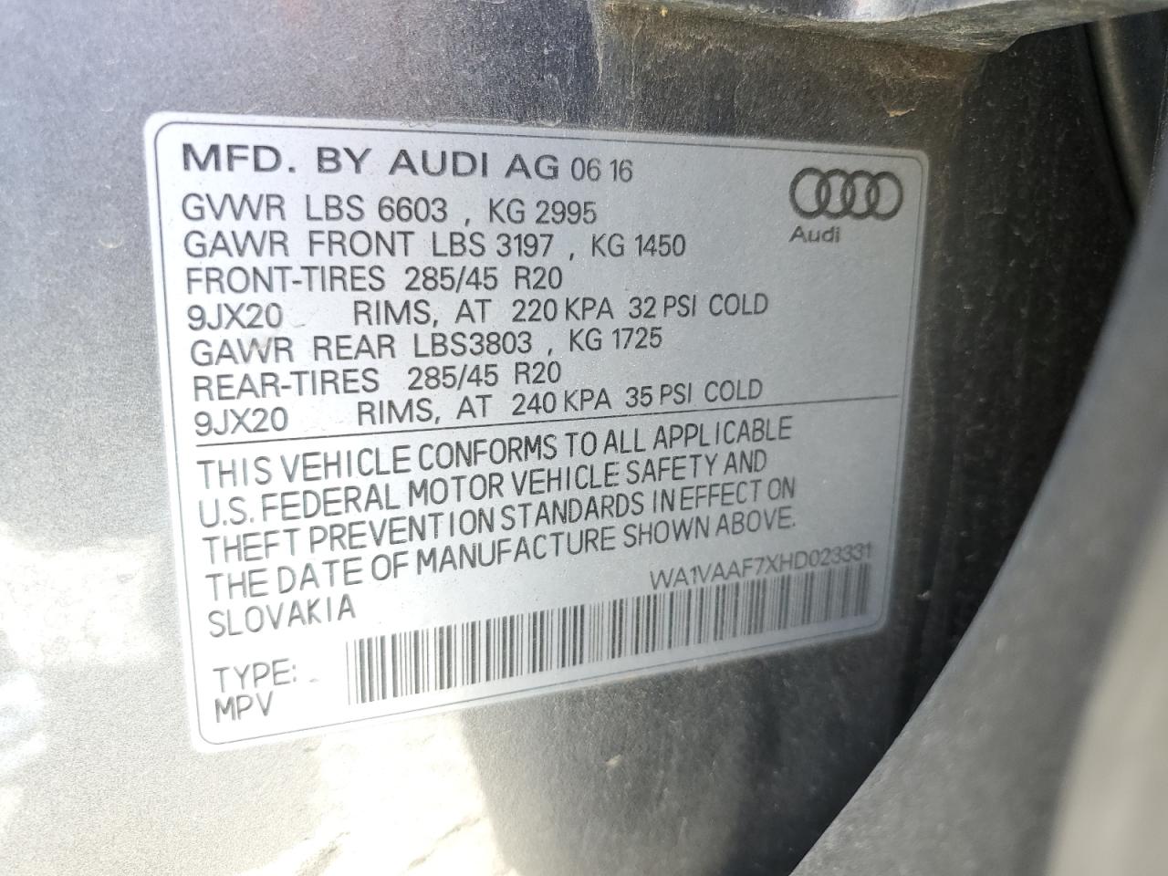 2017 Audi Q7 Prestige VIN: WA1VAAF7XHD023331 Lot: 63968864