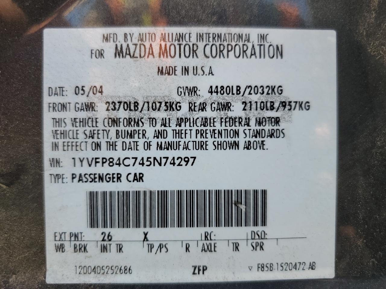 1YVFP84C745N74297 2004 Mazda 6 I