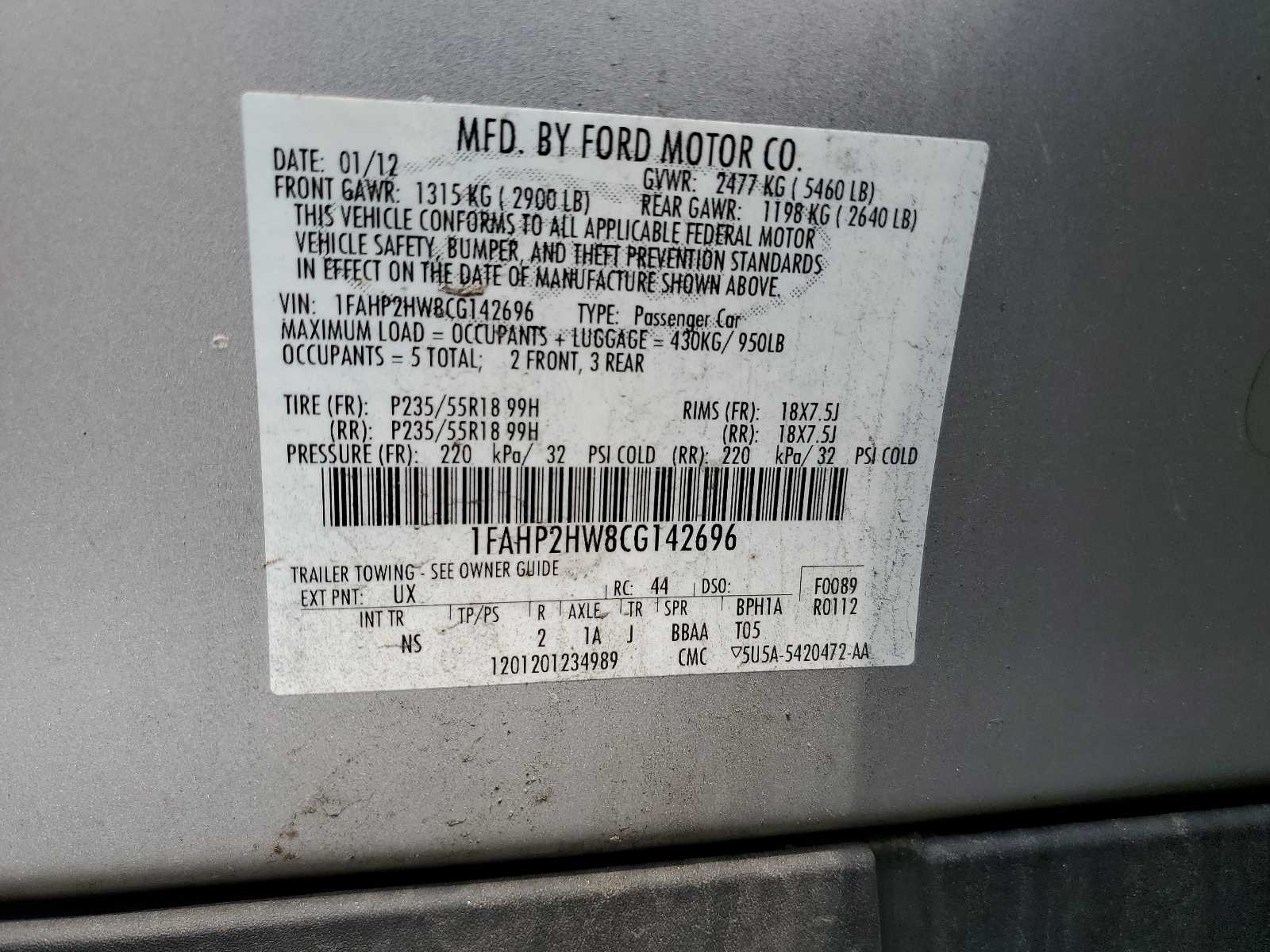 1FAHP2HW8CG142696 2012 Ford Taurus Sel