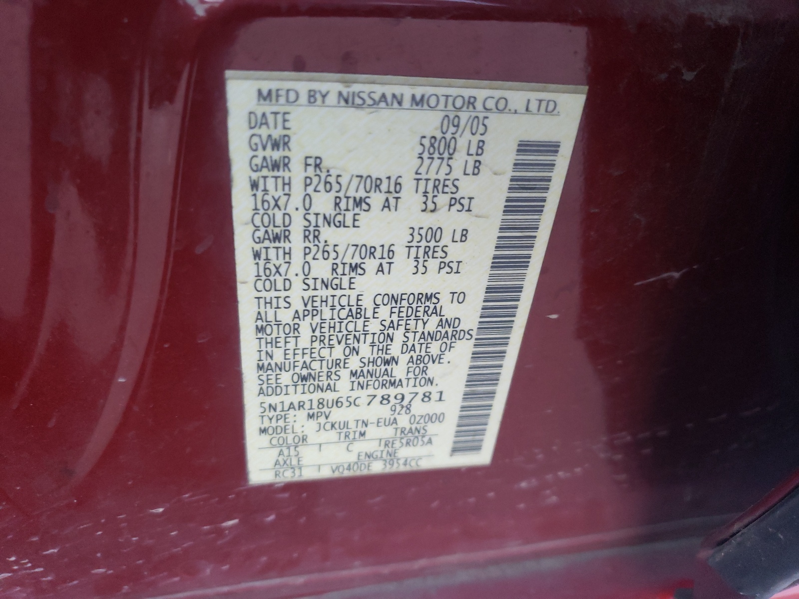 5N1AR18U65C789781 2005 Nissan Pathfinder Le