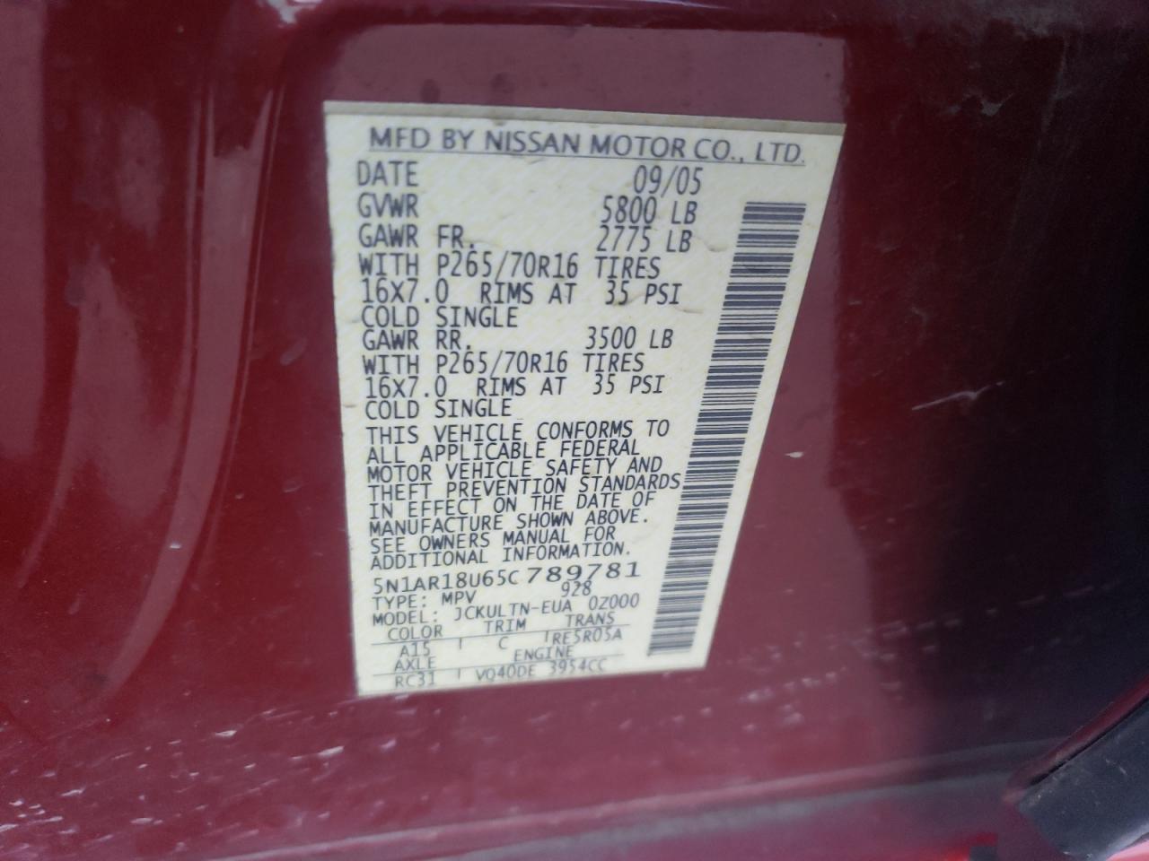 2005 Nissan Pathfinder Le VIN: 5N1AR18U65C789781 Lot: 63879064