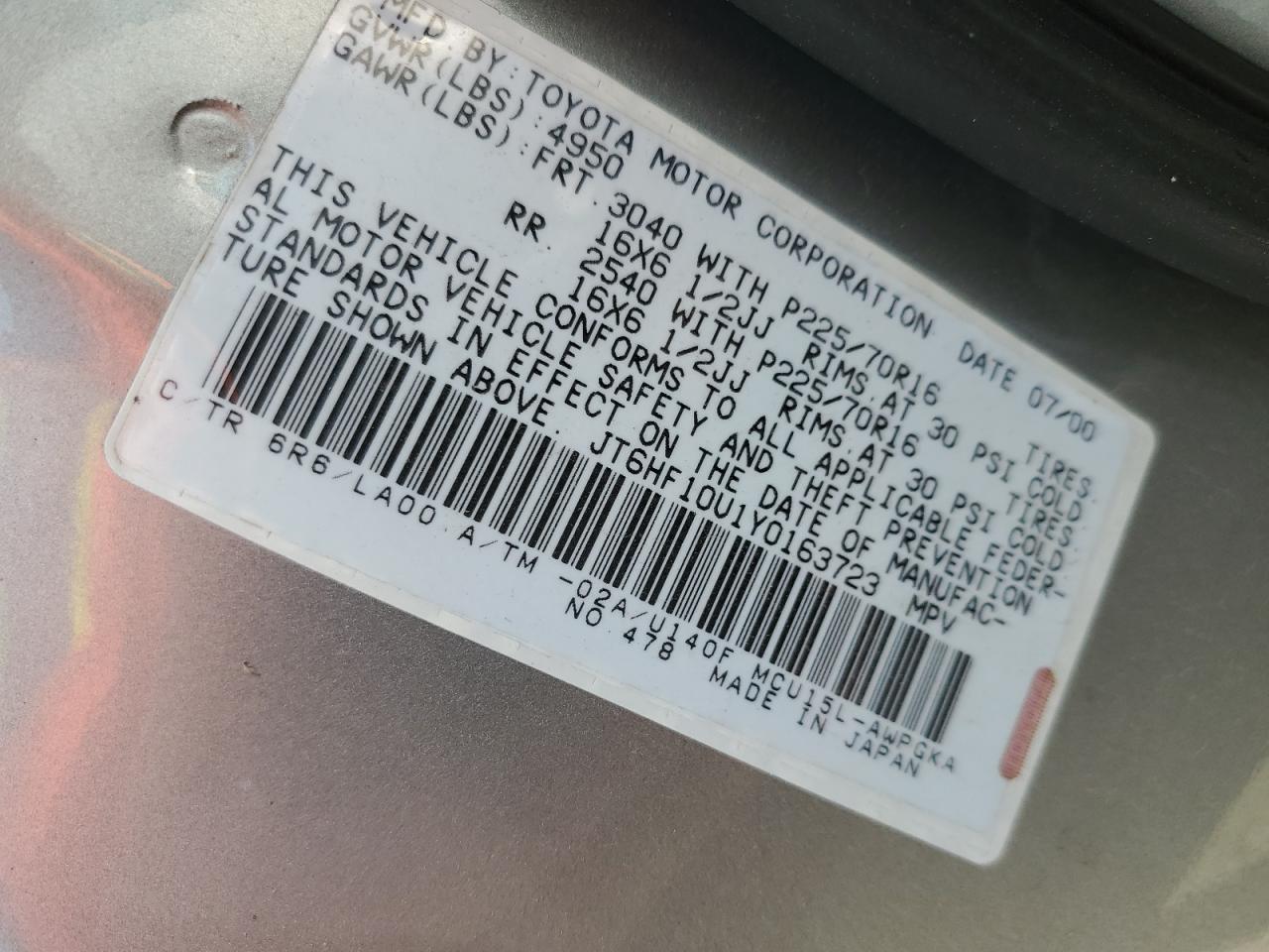 2000 Lexus Rx 300 VIN: JT6HF10U1Y0163723 Lot: 64646194