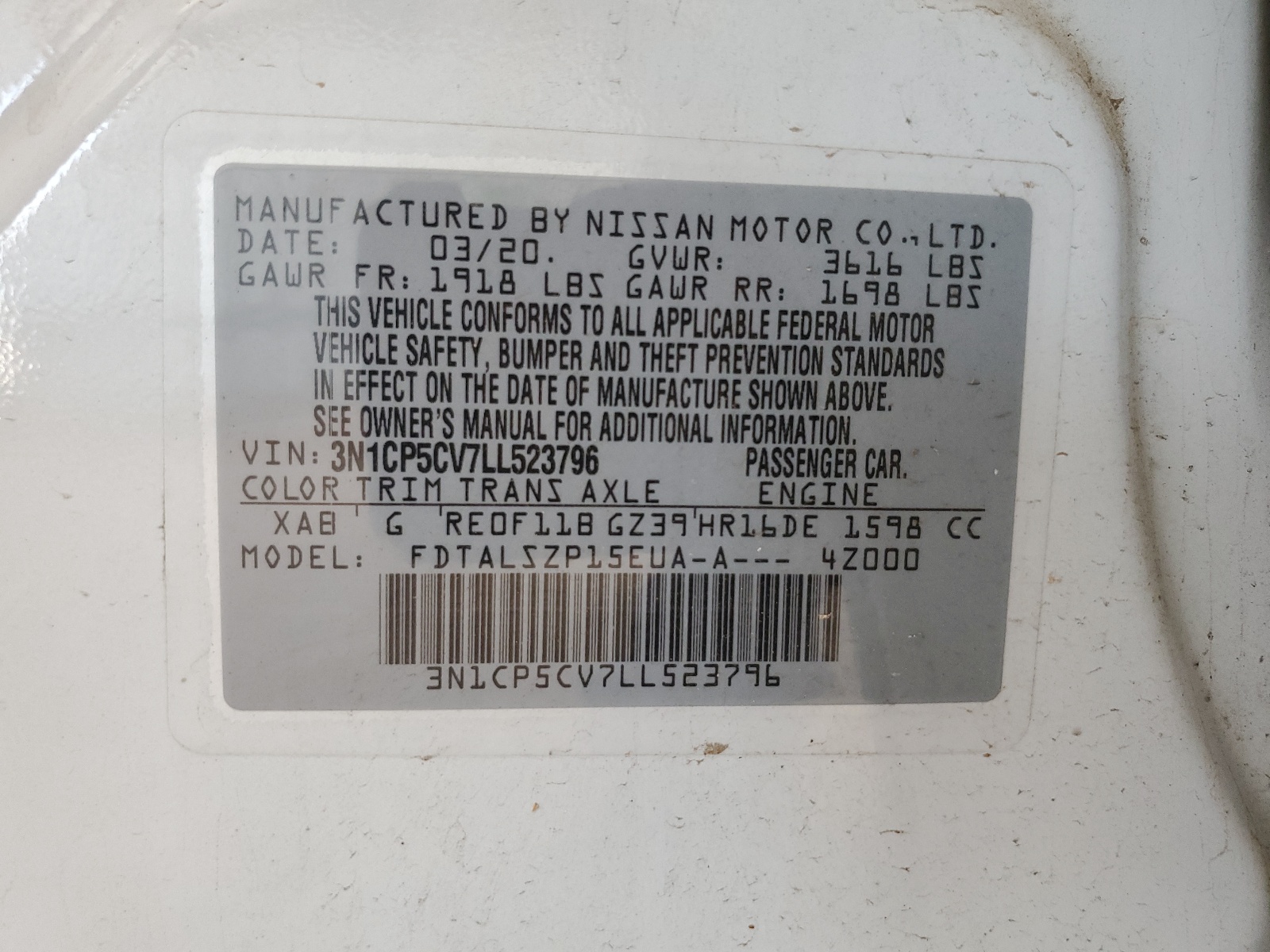 3N1CP5CV7LL523796 2020 Nissan Kicks Sv