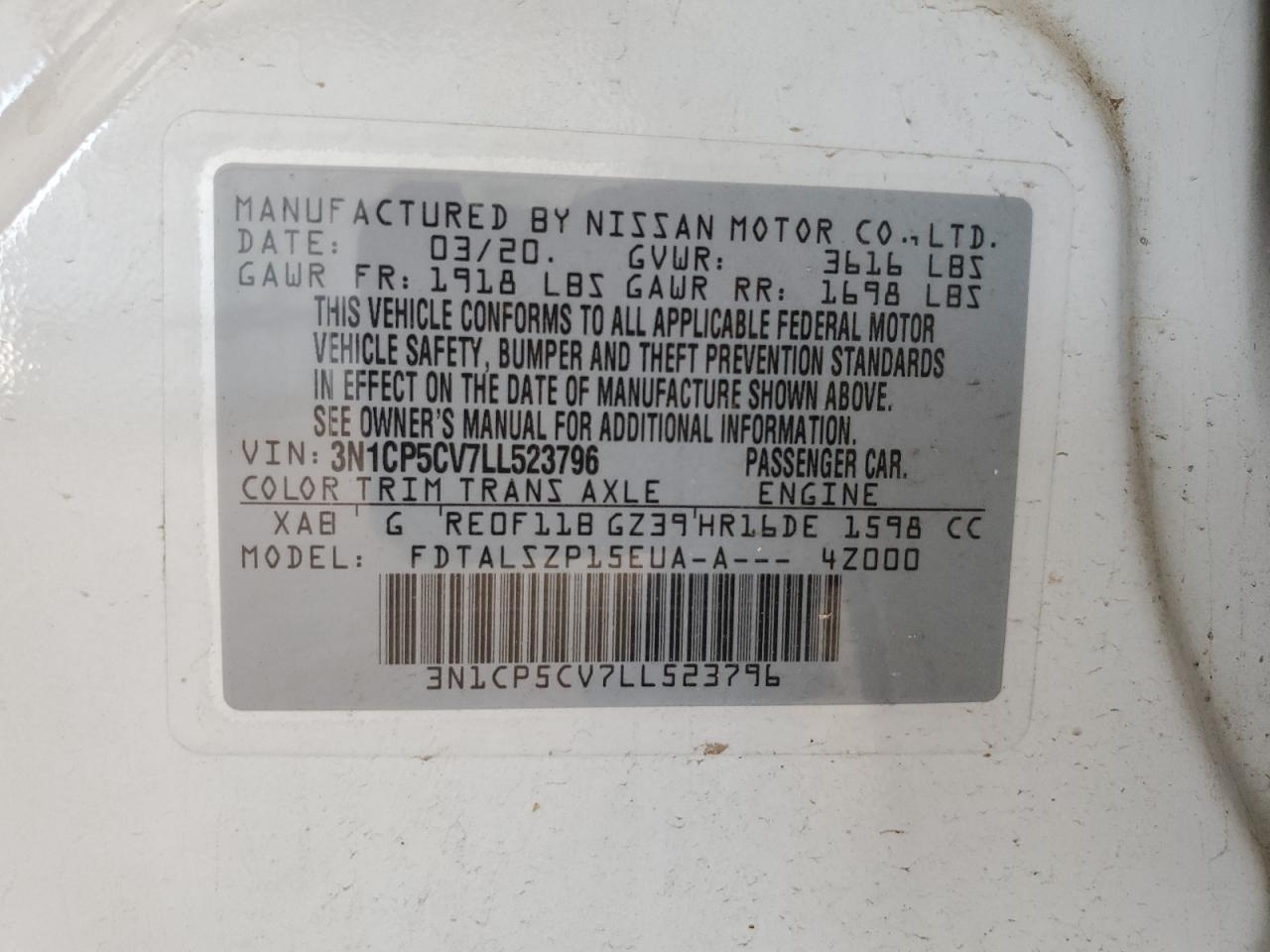 2020 Nissan Kicks Sv VIN: 3N1CP5CV7LL523796 Lot: 64117444