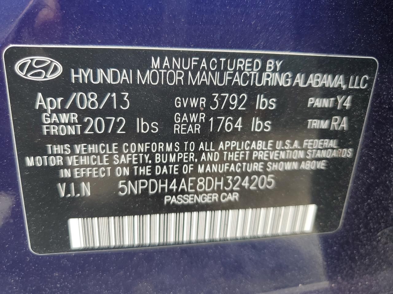 2013 Hyundai Elantra Gls VIN: 5NPDH4AE8DH324205 Lot: 63069024