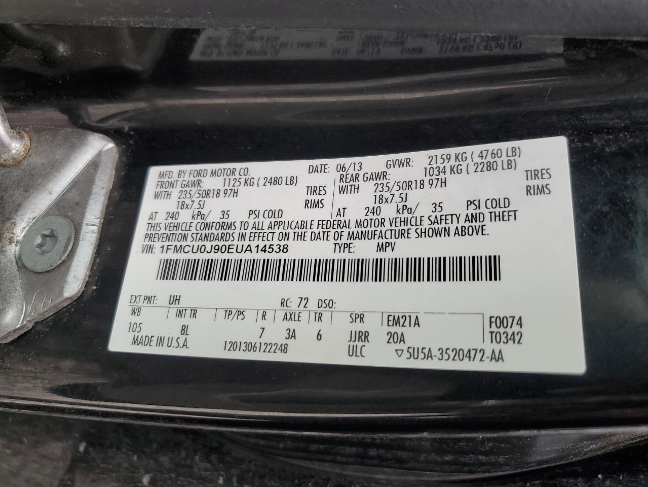 2014 Ford Escape Titanium VIN: 1FMCU0J90EUA14538 Lot: 62127264