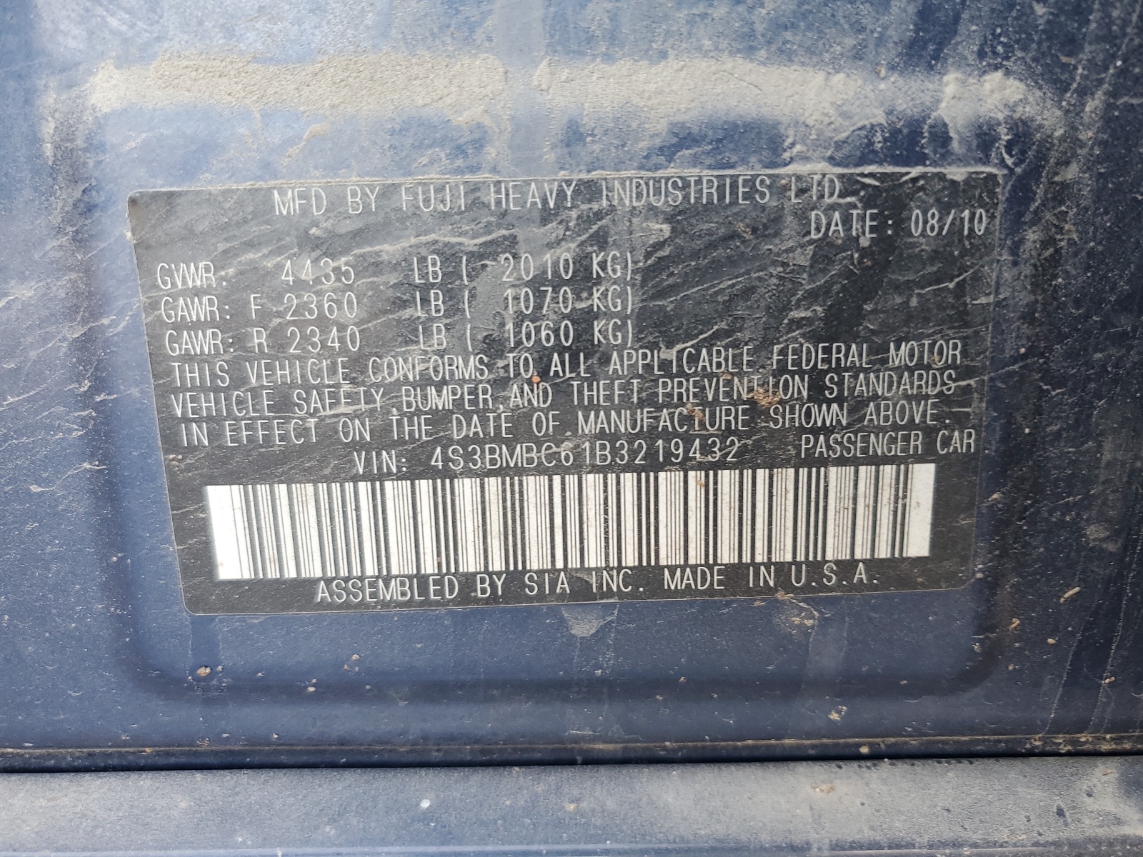 4S3BMBC61B3219432 2011 Subaru Legacy 2.5I Premium