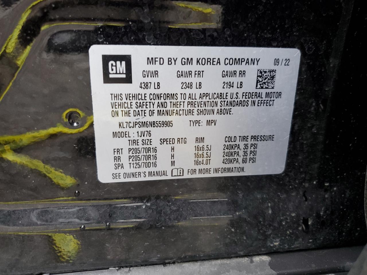 2022 Chevrolet Trax 1Lt VIN: KL7CJPSM6NB559905 Lot: 60668574