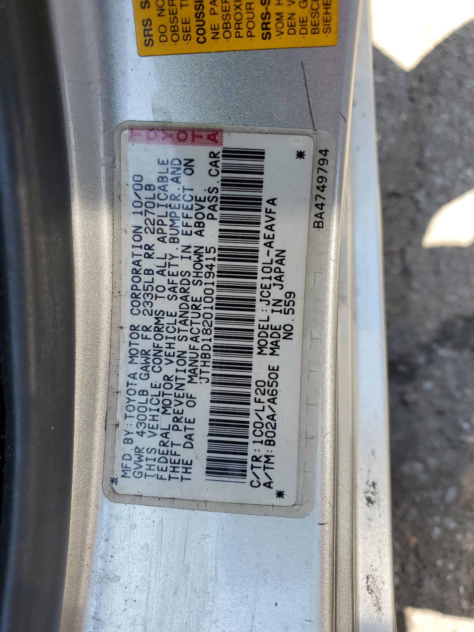 JTHBD182010019415 2001 Lexus Is 300