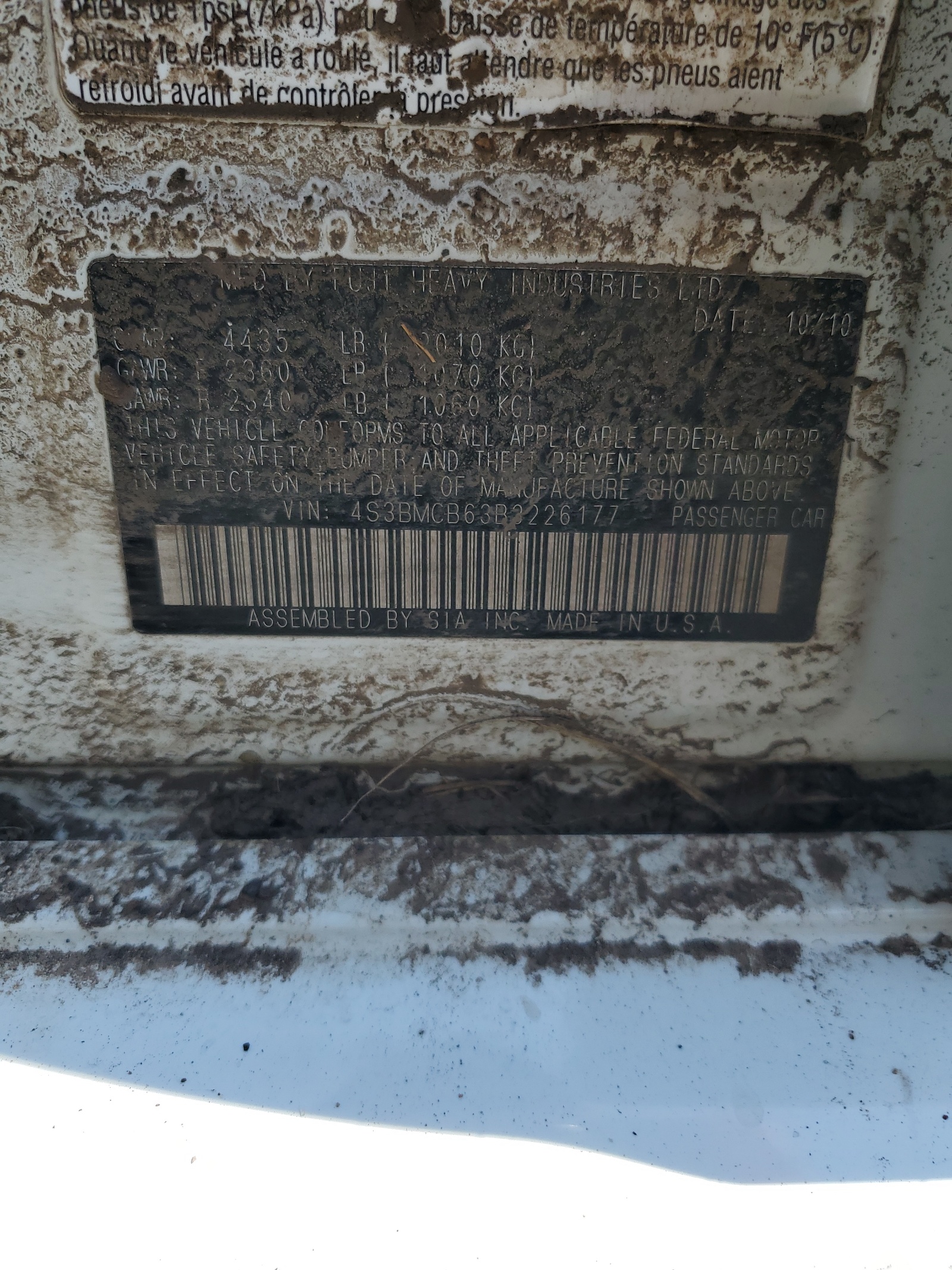 4S3BMCB63B3226177 2011 Subaru Legacy 2.5I Premium