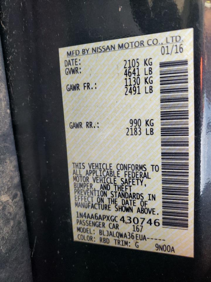 2016 Nissan Maxima 3.5S VIN: 1N4AA6APXGC430746 Lot: 85122755