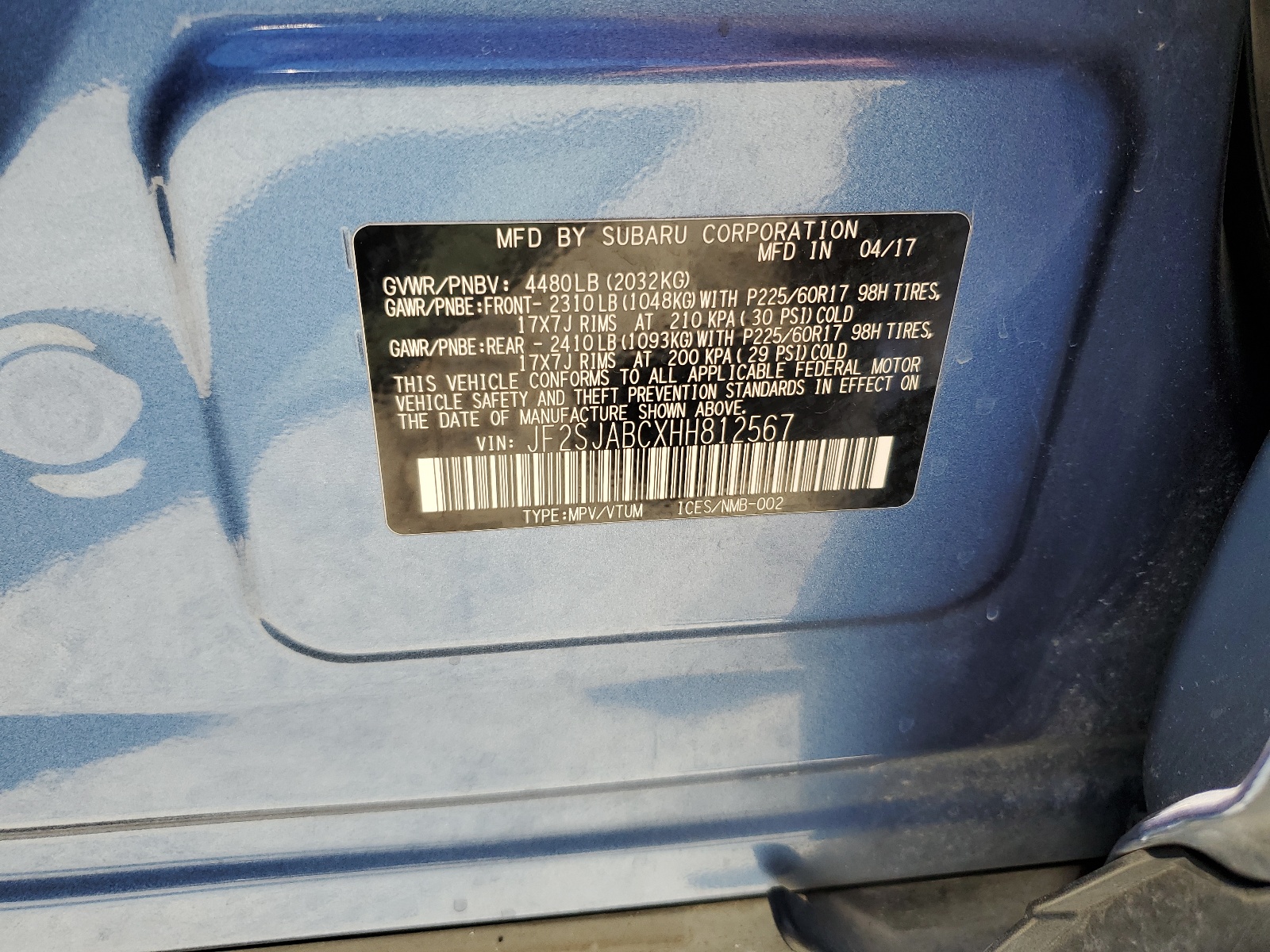 JF2SJABCXHH812567 2017 Subaru Forester 2.5I