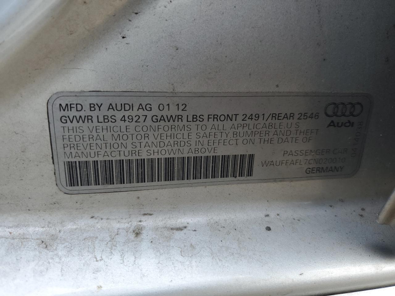 2012 Audi A4 Premium Plus VIN: WAUFFAFL7CN020010 Lot: 62525374