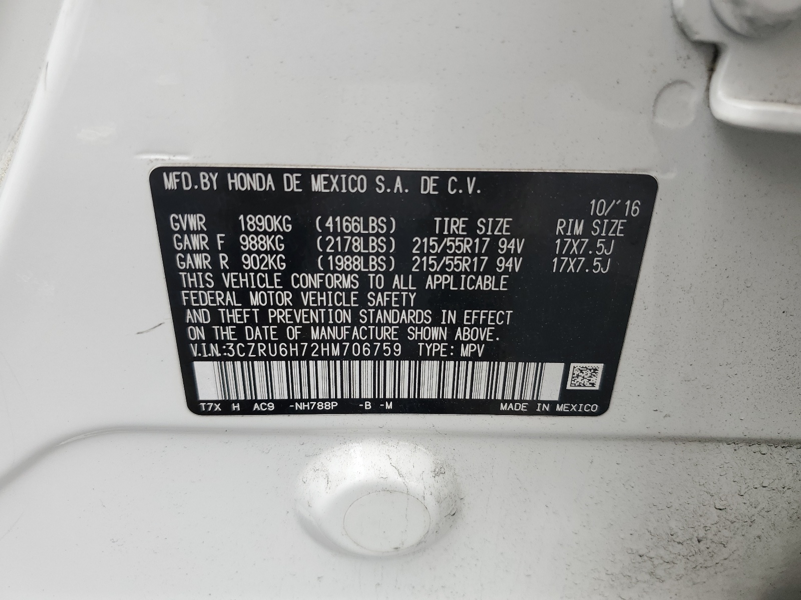 3CZRU6H72HM706759 2017 Honda Hr-V Exl