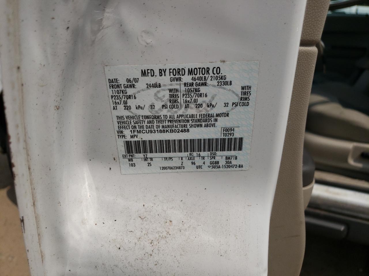 2008 Ford Escape Xlt VIN: 1FMCU93188KB02488 Lot: 65426194